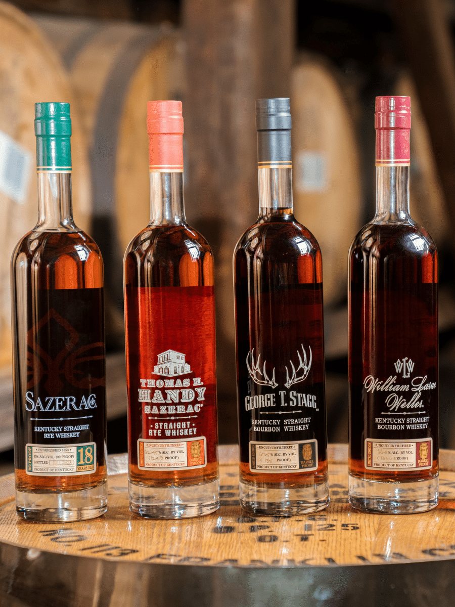 Buffalo Trace Antique Collection bottles on a barrel