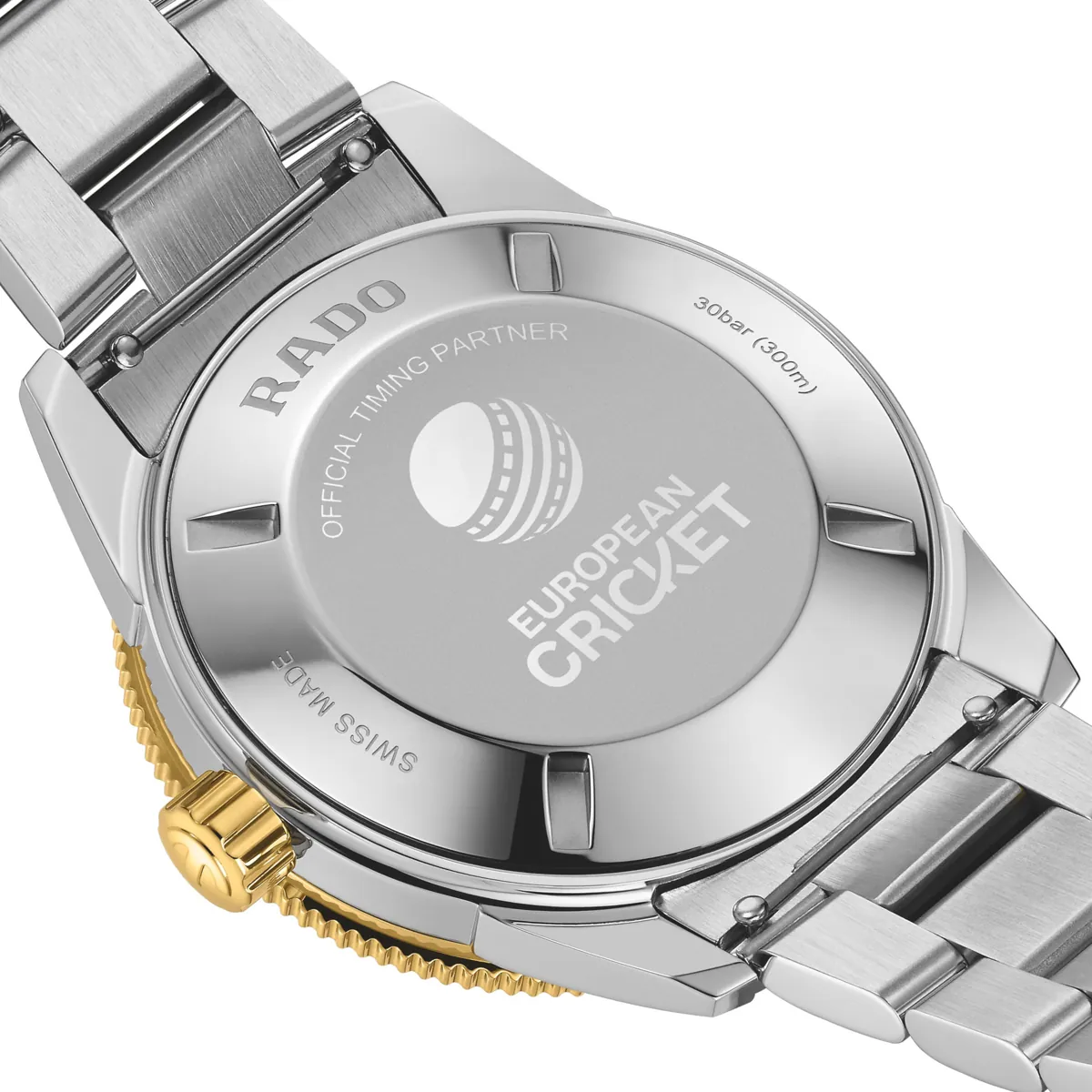 The closed caseback, engraved with the European Cricket mark and Official Timing Partner